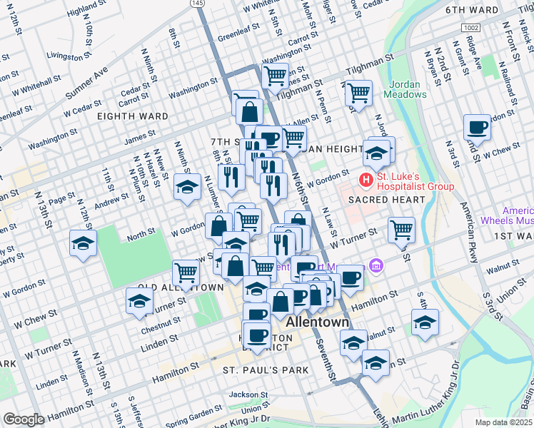 map of restaurants, bars, coffee shops, grocery stores, and more near 304 North 7th Street in Allentown