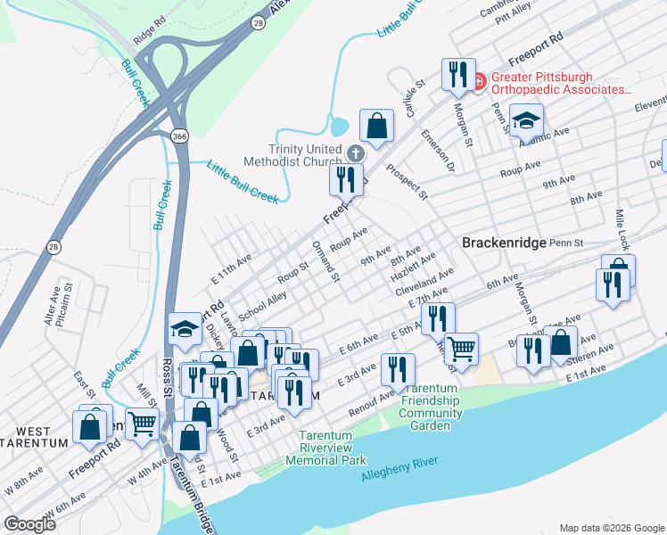 map of restaurants, bars, coffee shops, grocery stores, and more near 806 Ormand Street in Tarentum