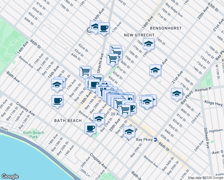 map of restaurants, bars, coffee shops, grocery stores, and more near 1864 84th Street in Brooklyn