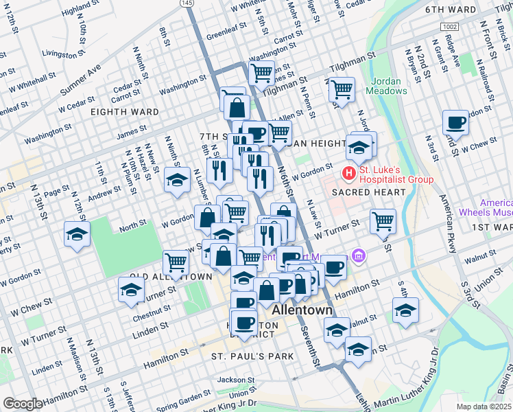 map of restaurants, bars, coffee shops, grocery stores, and more near 332 North 7th Street in Allentown