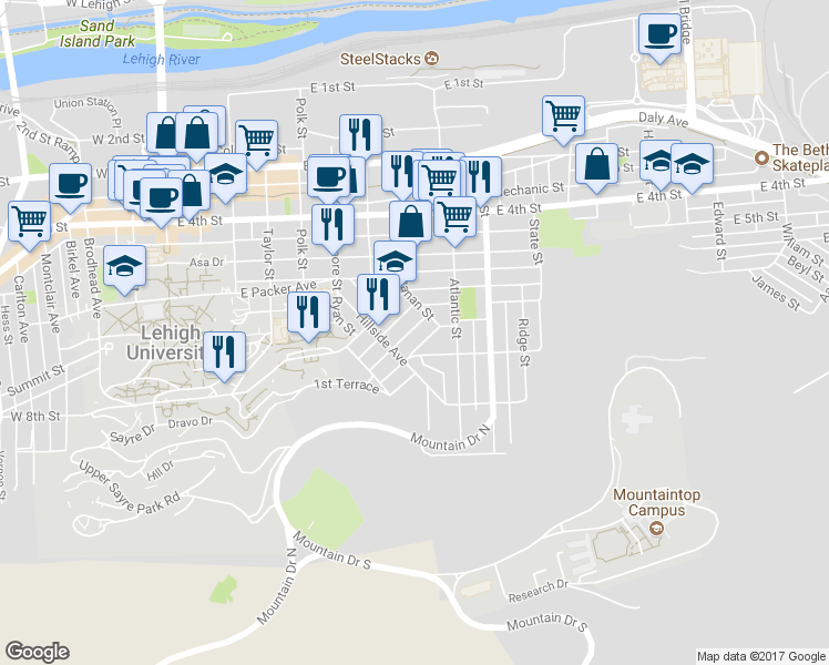 map of restaurants, bars, coffee shops, grocery stores, and more near 526 Selfridge Street in Bethlehem