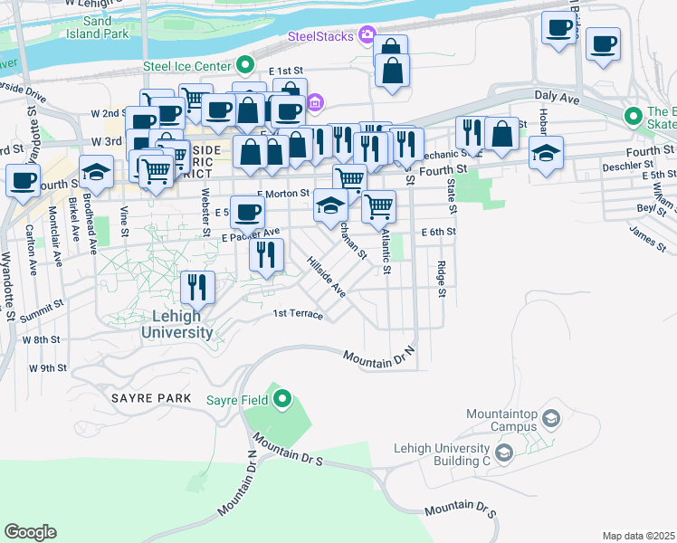 map of restaurants, bars, coffee shops, grocery stores, and more near in Bethlehem
