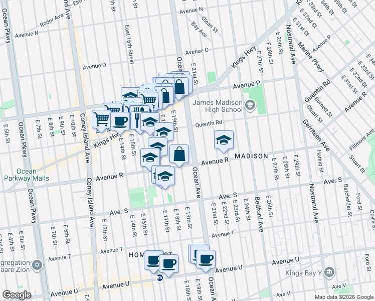 map of restaurants, bars, coffee shops, grocery stores, and more near 2258 Ocean Avenue in Brooklyn