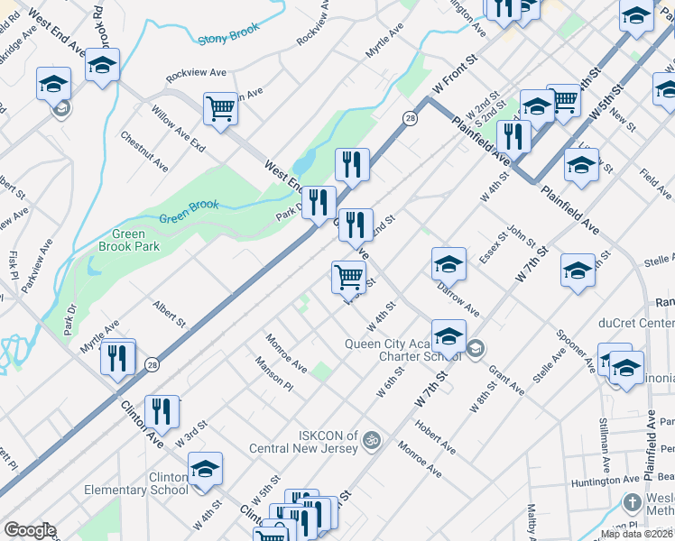 map of restaurants, bars, coffee shops, grocery stores, and more near 208-22 Lee Place in Plainfield