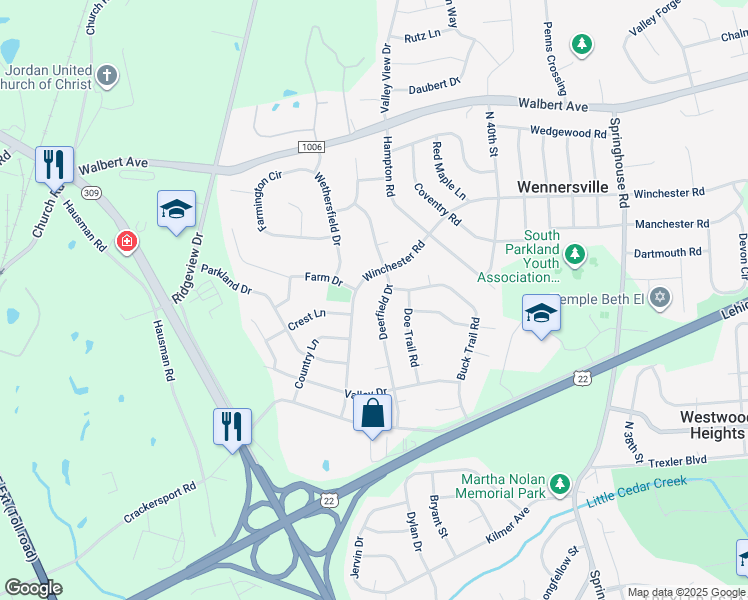 map of restaurants, bars, coffee shops, grocery stores, and more near 1382 Deerfield Drive in Allentown