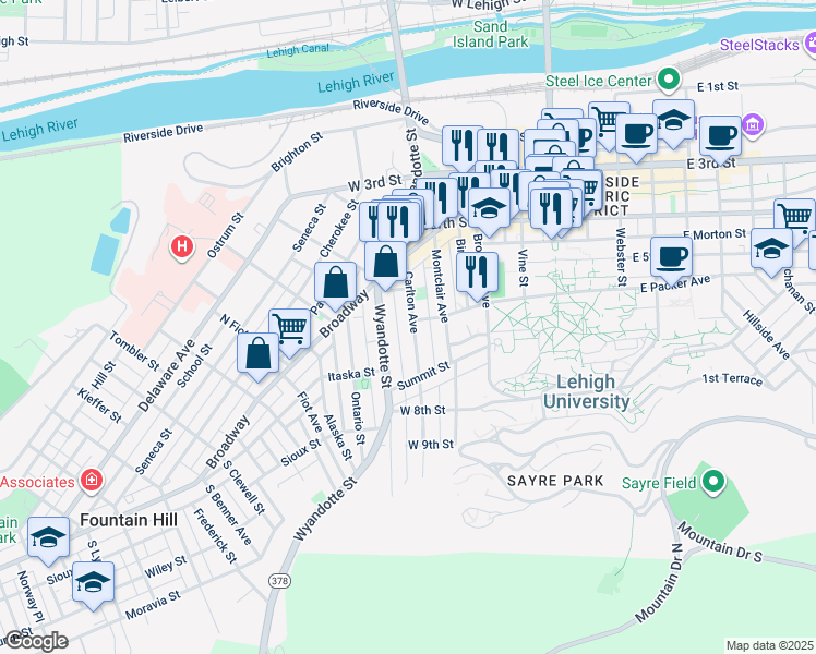 map of restaurants, bars, coffee shops, grocery stores, and more near 506 Carlton Avenue in Bethlehem