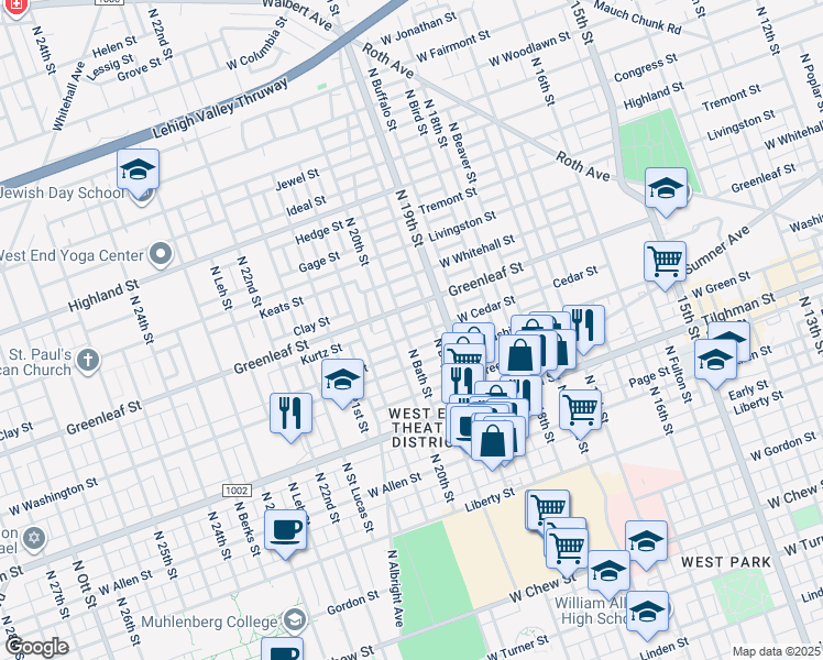 map of restaurants, bars, coffee shops, grocery stores, and more near 1937 West Cedar Street in Allentown