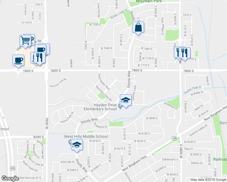 map of restaurants, bars, coffee shops, grocery stores, and more near 5213 Dove Creek Lane in West Jordan