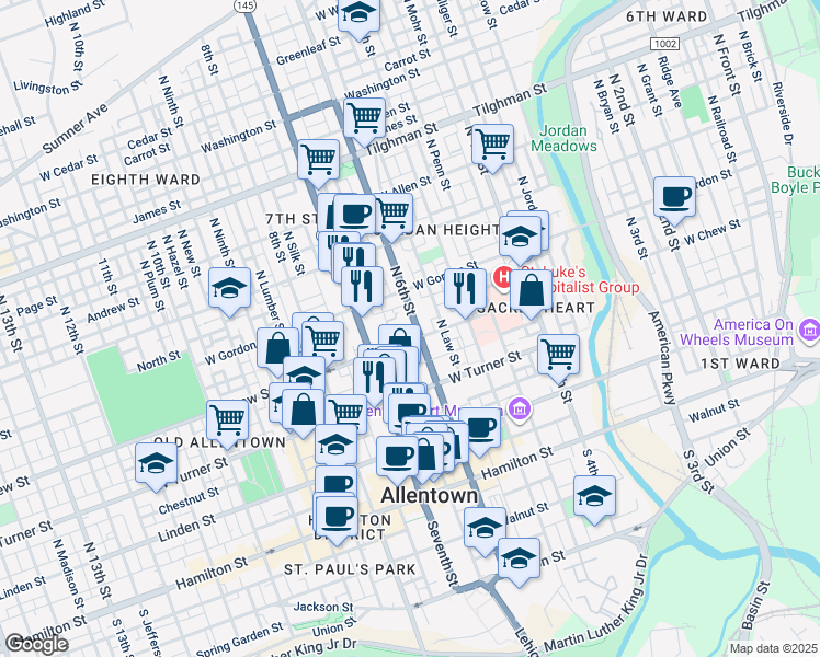 map of restaurants, bars, coffee shops, grocery stores, and more near 239 North Church Street in Allentown