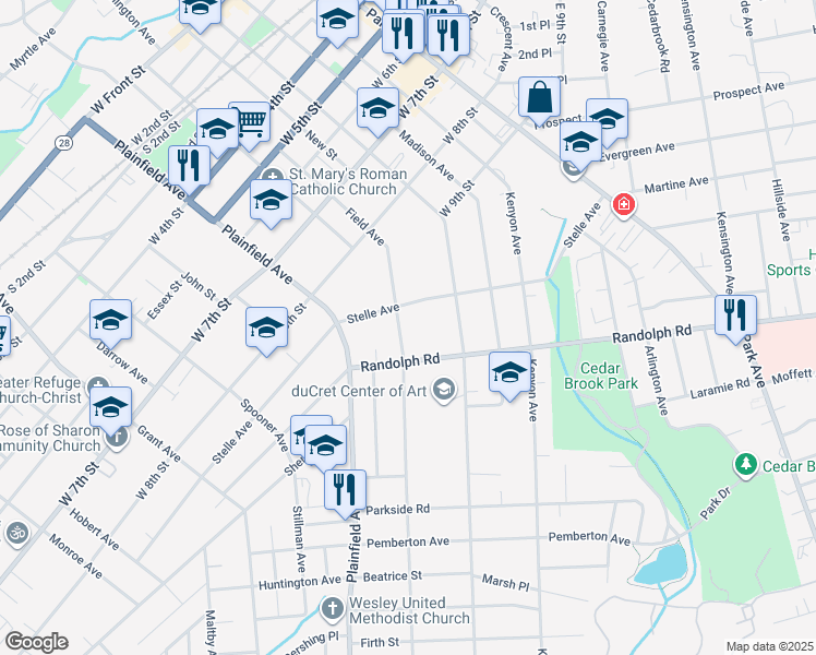 map of restaurants, bars, coffee shops, grocery stores, and more near 428 Randolph Road in Plainfield