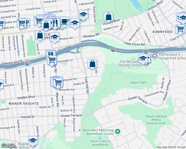 map of restaurants, bars, coffee shops, grocery stores, and more near 5 Athena Place in Staten Island