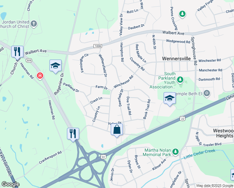 map of restaurants, bars, coffee shops, grocery stores, and more near 1382 Deerfield Drive in Allentown