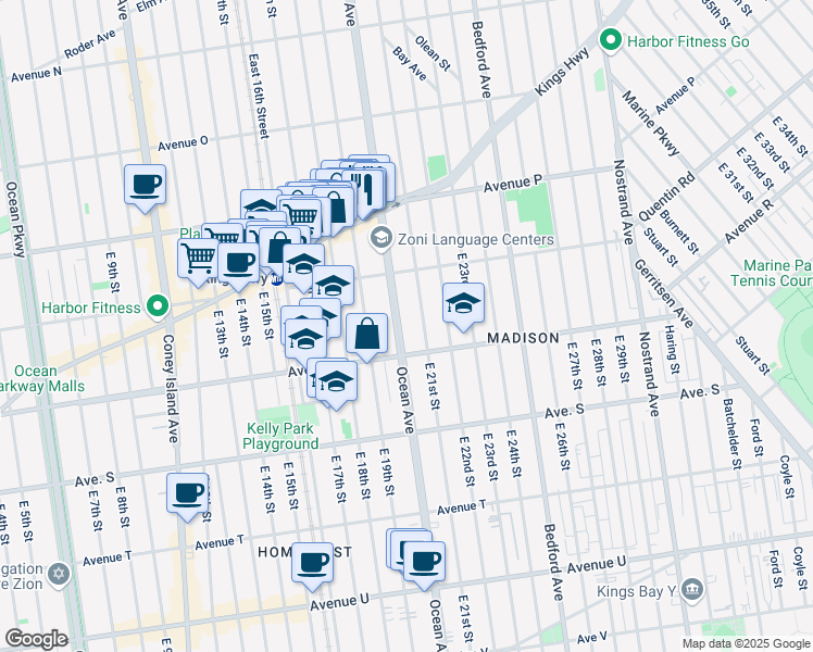 map of restaurants, bars, coffee shops, grocery stores, and more near 2233 Ocean Avenue in Brooklyn