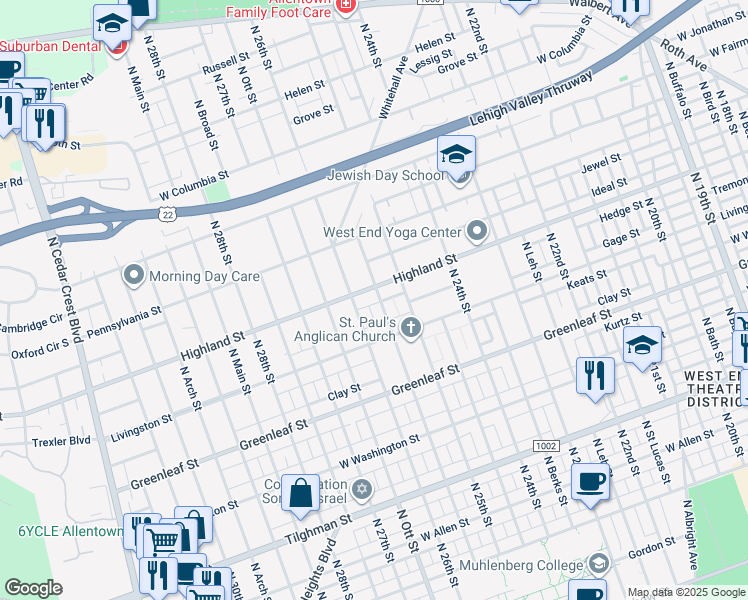 map of restaurants, bars, coffee shops, grocery stores, and more near 1046 North Glenwood Street in Allentown