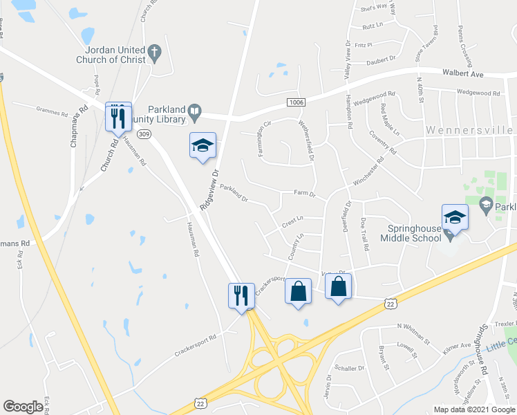map of restaurants, bars, coffee shops, grocery stores, and more near 4464 Parkland Drive in Allentown