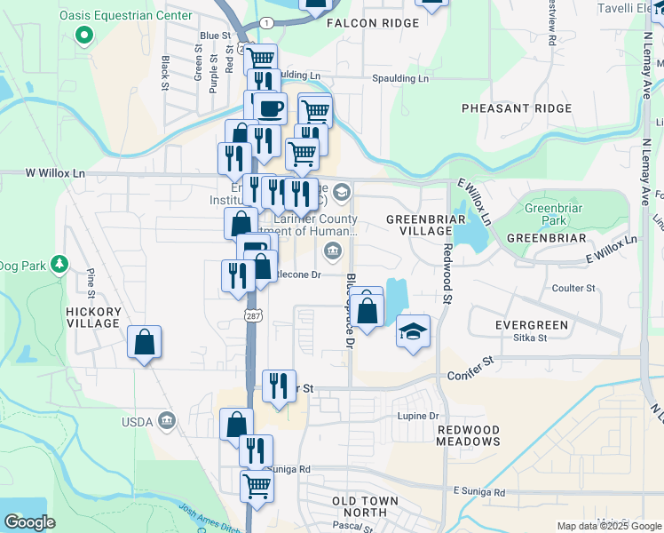 map of restaurants, bars, coffee shops, grocery stores, and more near 1501 Blue Spruce Drive in Fort Collins