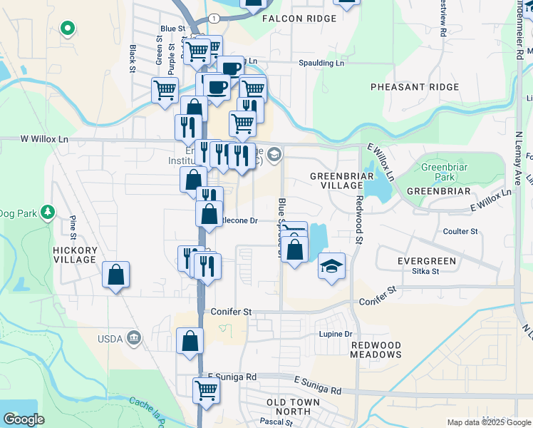 map of restaurants, bars, coffee shops, grocery stores, and more near 1501 Blue Spruce Drive in Fort Collins