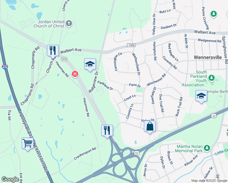 map of restaurants, bars, coffee shops, grocery stores, and more near 4464 Parkland Drive in Allentown