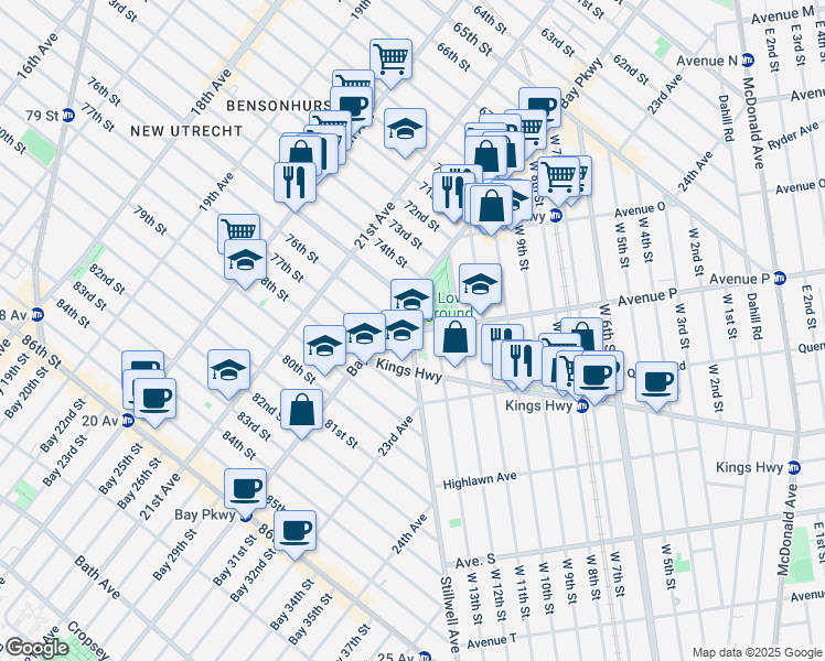 map of restaurants, bars, coffee shops, grocery stores, and more near 50 Avenue P in Brooklyn