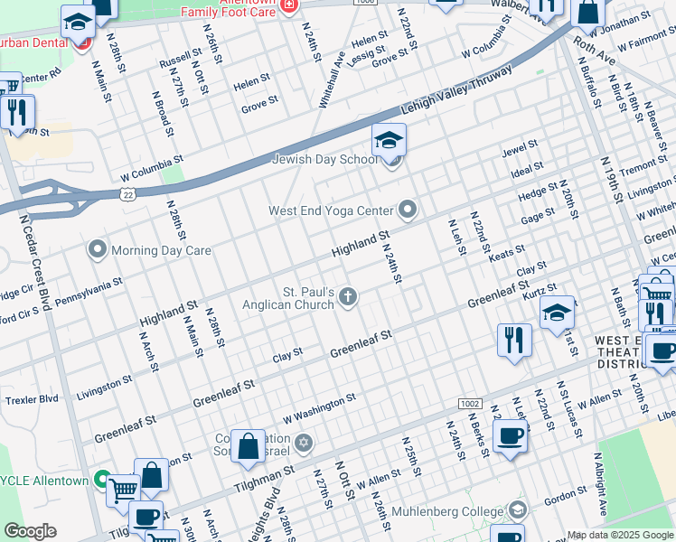 map of restaurants, bars, coffee shops, grocery stores, and more near 1034-1038 North 25th Street in Allentown
