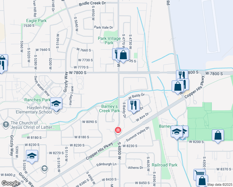 map of restaurants, bars, coffee shops, grocery stores, and more near 7872 Abercrombie Lane in West Jordan