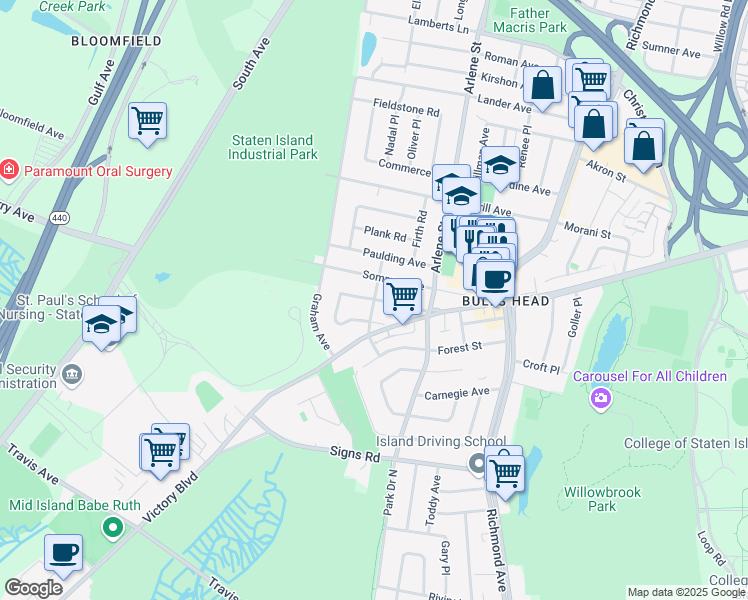 map of restaurants, bars, coffee shops, grocery stores, and more near Speedwell Ave & Sideview Ave in Staten Island