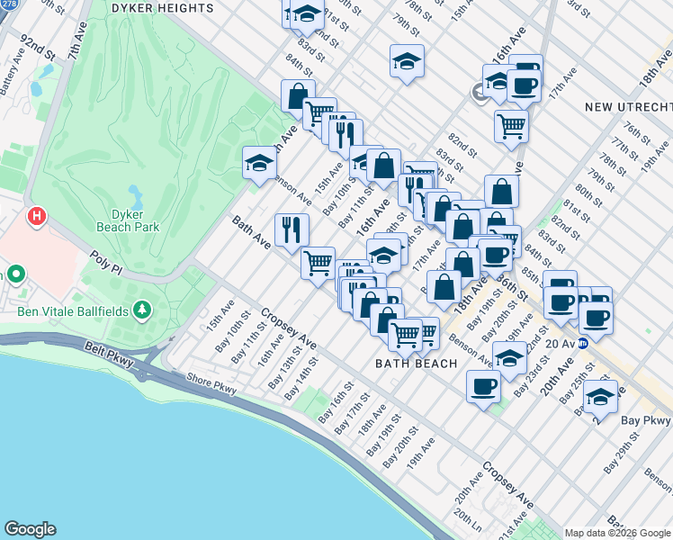 map of restaurants, bars, coffee shops, grocery stores, and more near 8712 16th Avenue in Brooklyn