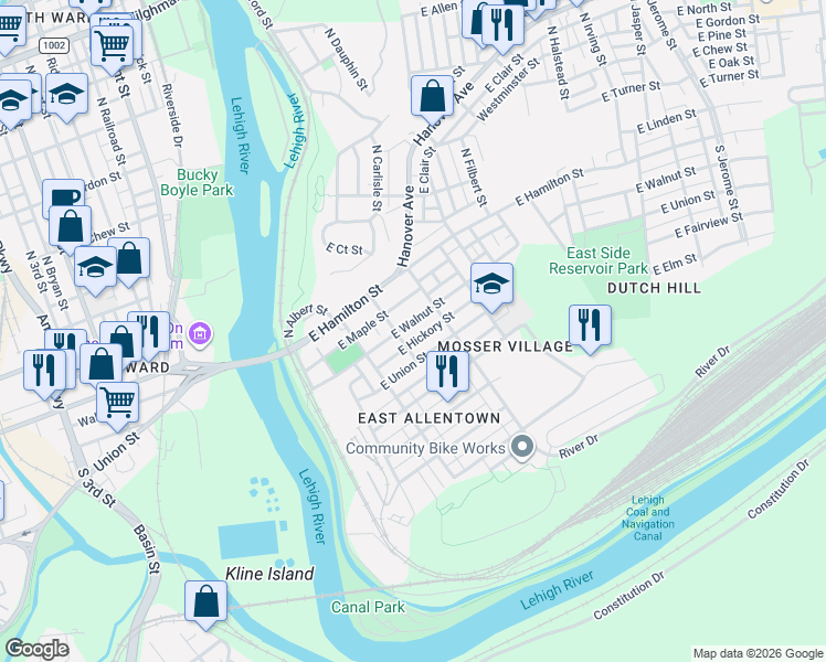 map of restaurants, bars, coffee shops, grocery stores, and more near 266 East Maple Street in Allentown