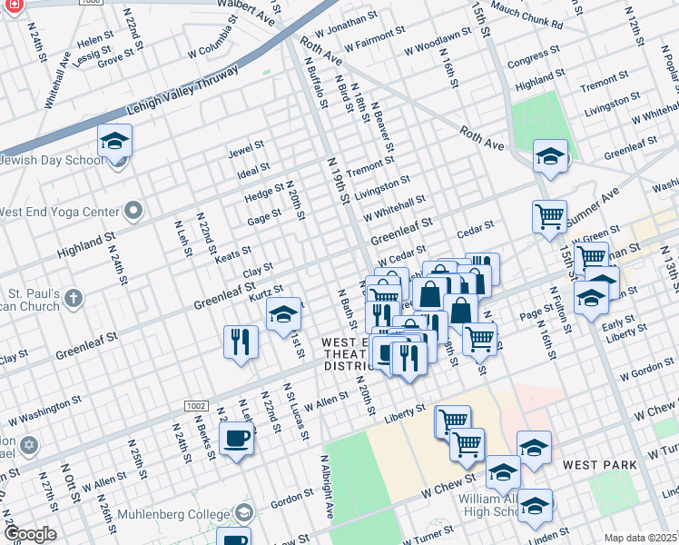 map of restaurants, bars, coffee shops, grocery stores, and more near 1937 West Cedar Street in Allentown