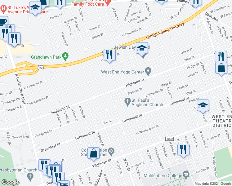 map of restaurants, bars, coffee shops, grocery stores, and more near 1046 North Glenwood Street in Allentown