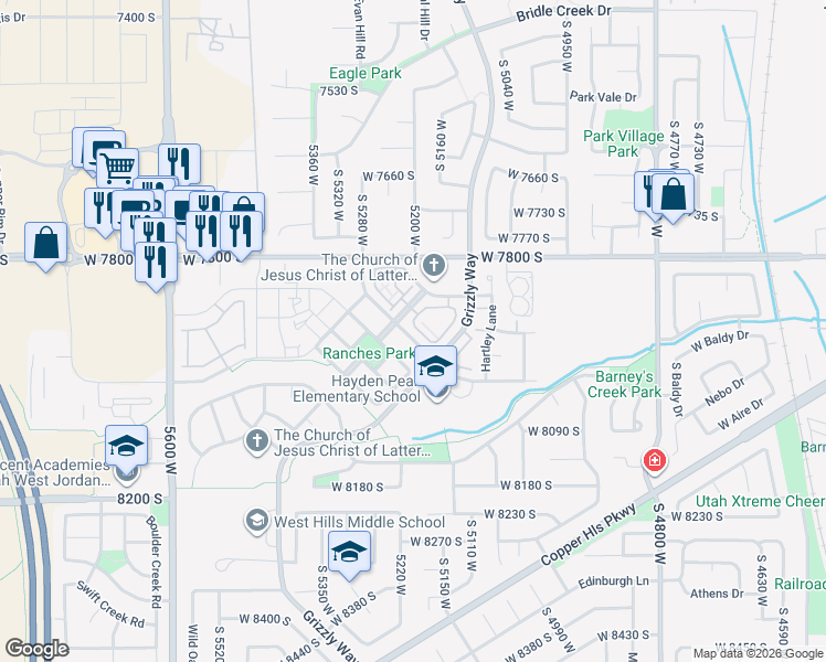 map of restaurants, bars, coffee shops, grocery stores, and more near 5213 Dove Creek Lane in West Jordan