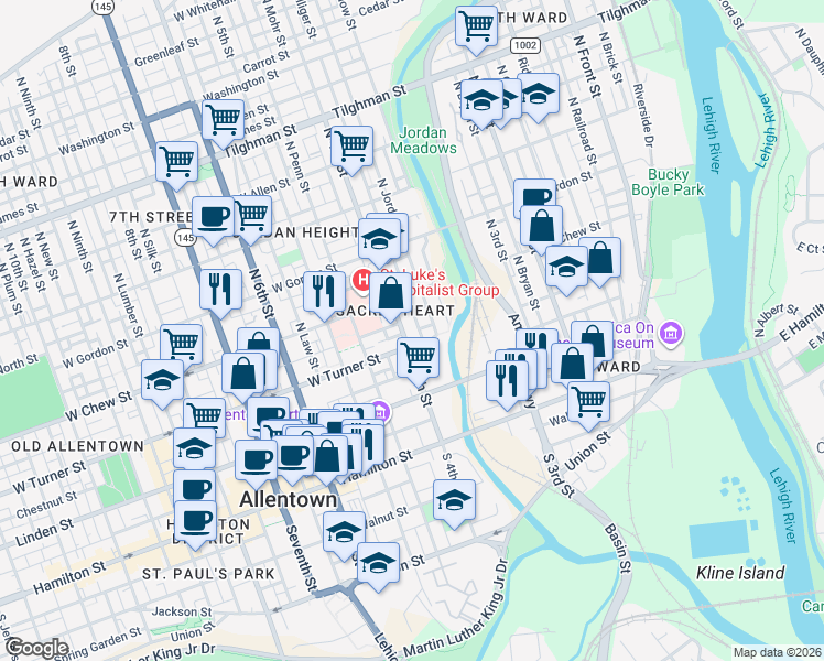 map of restaurants, bars, coffee shops, grocery stores, and more near 235 North Elliger Street in Allentown