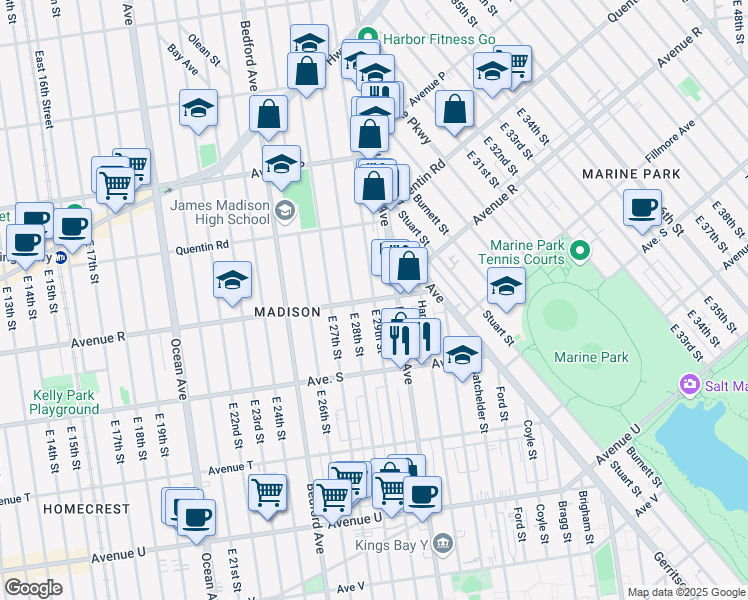 map of restaurants, bars, coffee shops, grocery stores, and more near Avenue R & East 29th Street in Brooklyn