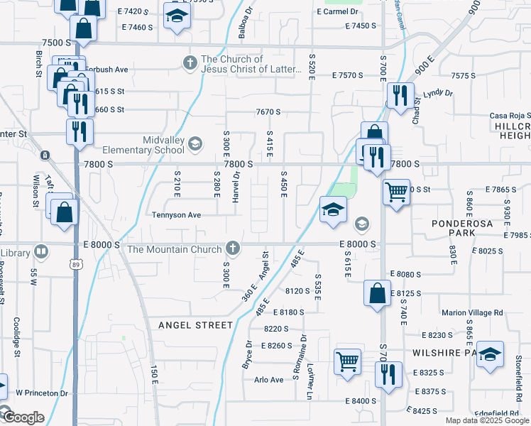 map of restaurants, bars, coffee shops, grocery stores, and more near 7887 Farm Wood Lane in Midvale