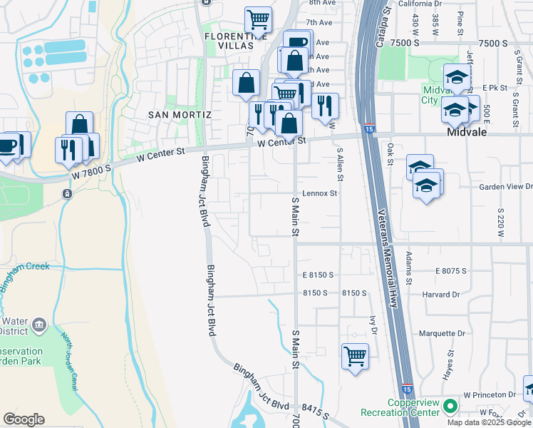 map of restaurants, bars, coffee shops, grocery stores, and more near 769 Lennox Street in Midvale