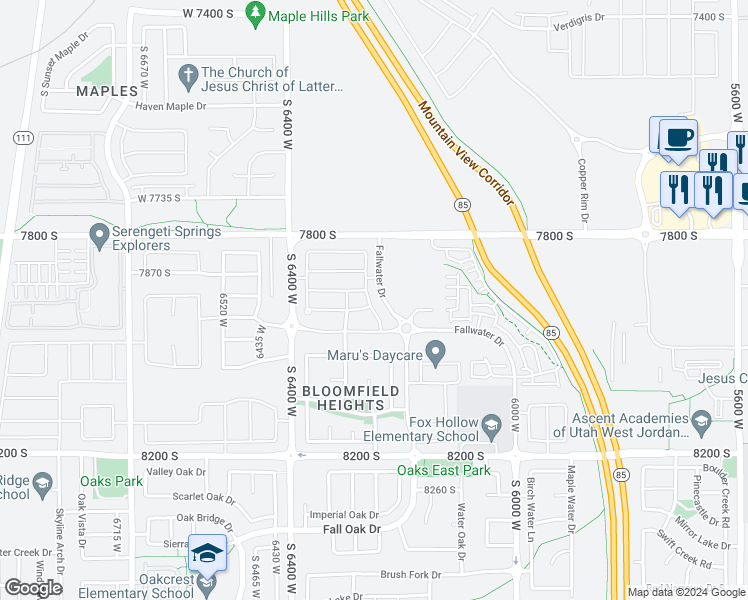 map of restaurants, bars, coffee shops, grocery stores, and more near 7882 Fallwater Drive in West Jordan