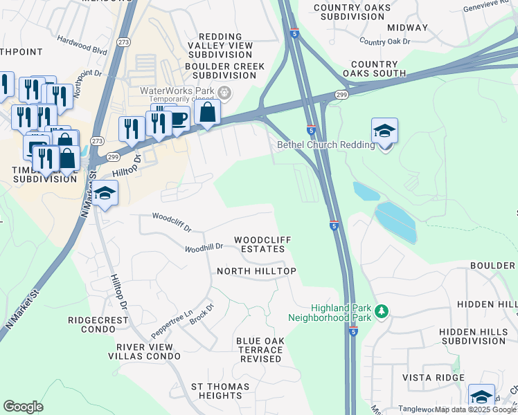 map of restaurants, bars, coffee shops, grocery stores, and more near 11050 Campers Ct in Redding