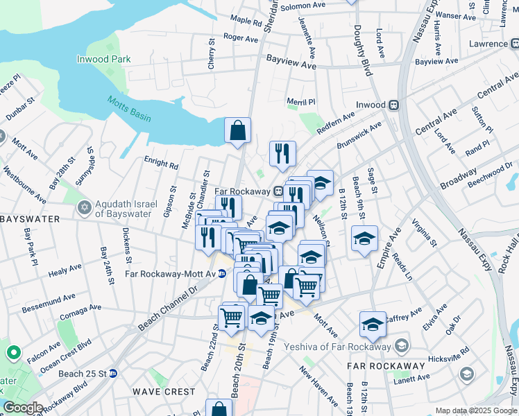 map of restaurants, bars, coffee shops, grocery stores, and more near 20-50 Nameoke Street in Queens