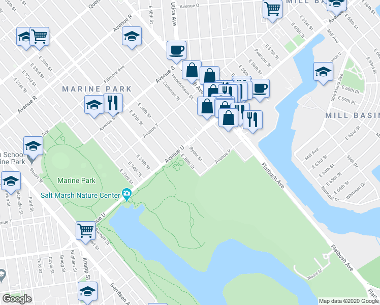 map of restaurants, bars, coffee shops, grocery stores, and more near 2176 Ryder Street in Brooklyn