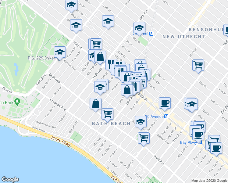 map of restaurants, bars, coffee shops, grocery stores, and more near 8627 17th Avenue in Brooklyn