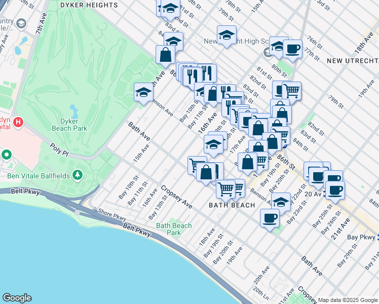 map of restaurants, bars, coffee shops, grocery stores, and more near 8712 16th Avenue in Brooklyn