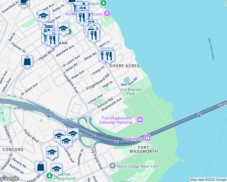 map of restaurants, bars, coffee shops, grocery stores, and more near 16 High Street in Staten Island