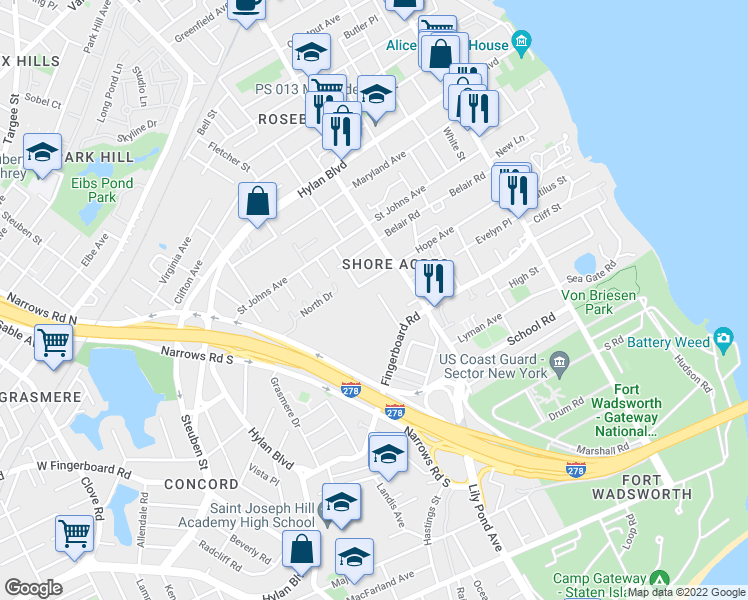 map of restaurants, bars, coffee shops, grocery stores, and more near 43 Beethoven Street in Staten Island