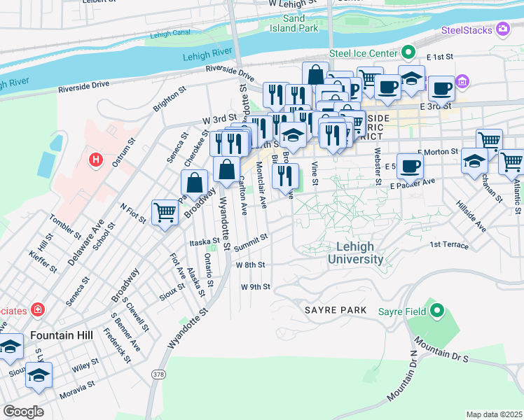 map of restaurants, bars, coffee shops, grocery stores, and more near 471 Montclair Avenue in Bethlehem