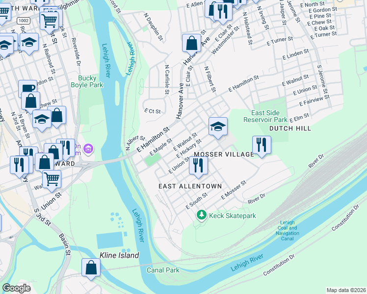 map of restaurants, bars, coffee shops, grocery stores, and more near 266 East Maple Street in Allentown