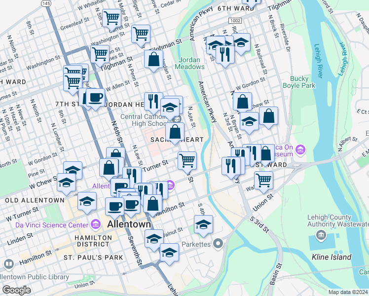 map of restaurants, bars, coffee shops, grocery stores, and more near 235 North Elliger Street in Allentown