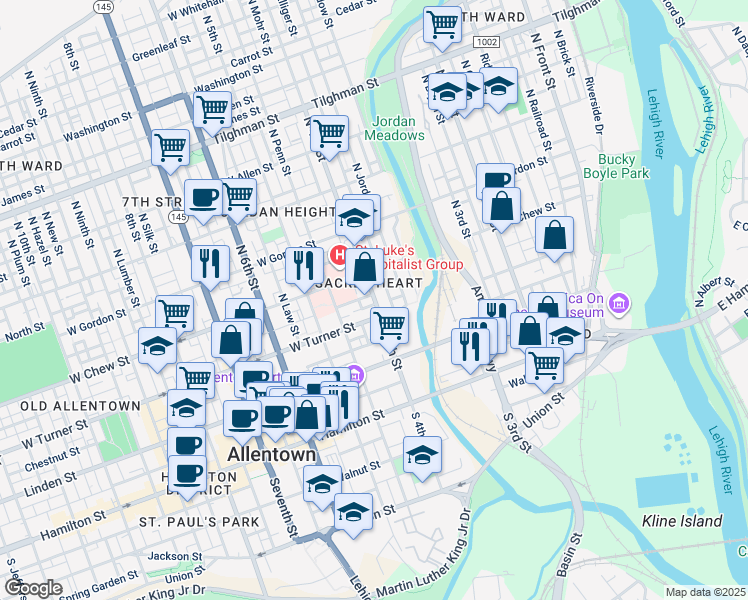 map of restaurants, bars, coffee shops, grocery stores, and more near 235 North Elliger Street in Allentown