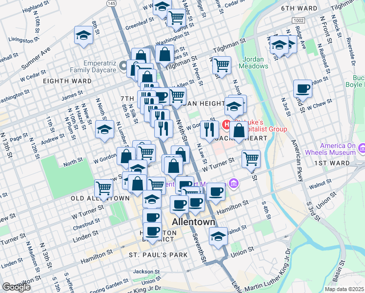 map of restaurants, bars, coffee shops, grocery stores, and more near 338 North 6th Street in Allentown