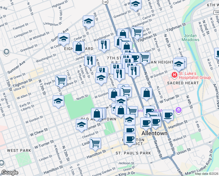 map of restaurants, bars, coffee shops, grocery stores, and more near in Allentown
