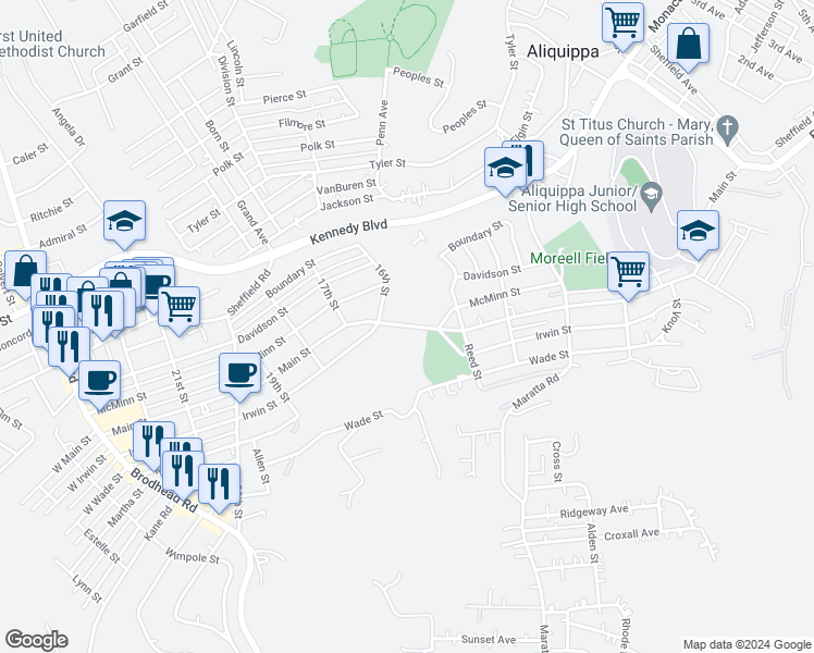 map of restaurants, bars, coffee shops, grocery stores, and more near 1501 Main Street in Aliquippa